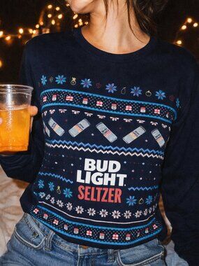 Bud Light Seltzer Ugly Christmas Sweater Style Long Sleeve Tee NWOT
